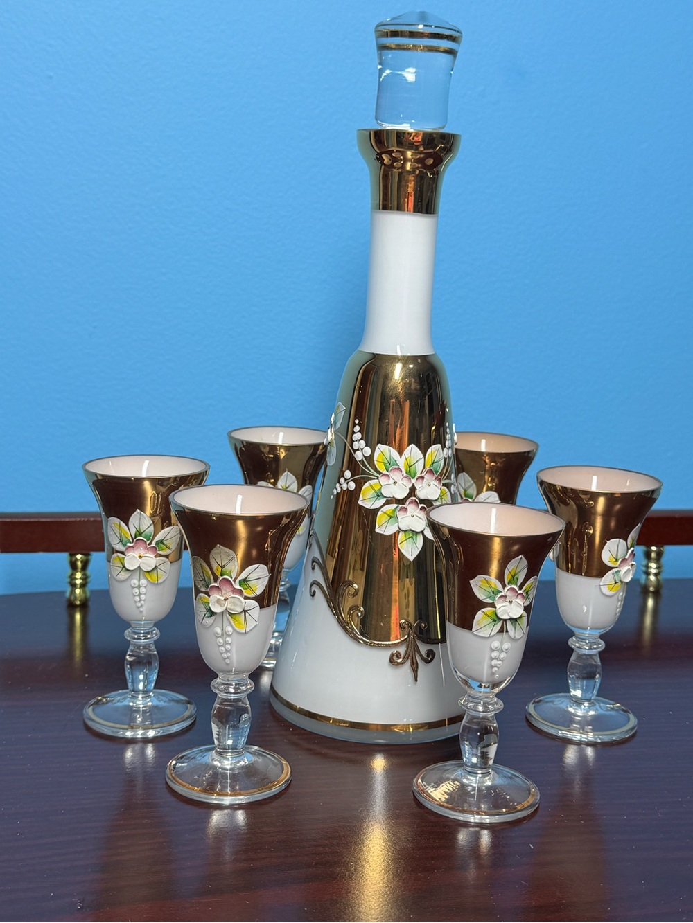 Vintage Bohemian Glass
Decanter Set with Gold Gilt Overlay and Hand-Painted
